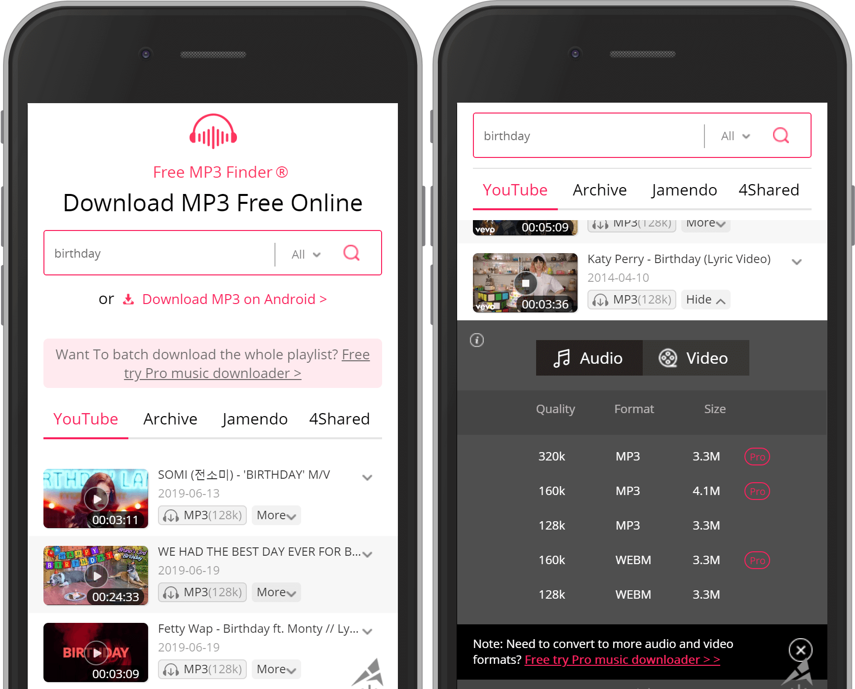 mobile interface of Free MP3 Finder