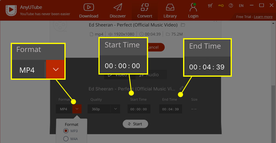 Formats, quality options, and duration to convert to audio