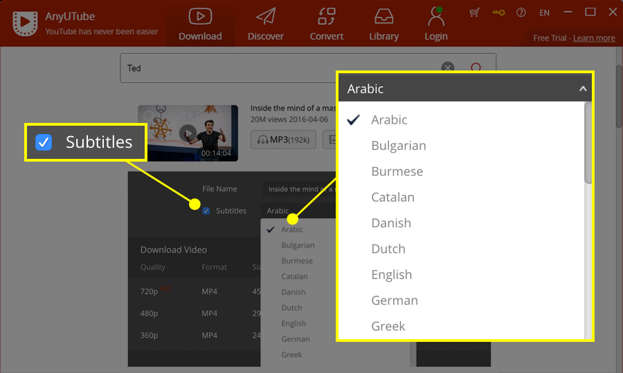 Language options for subtitles on the More menu