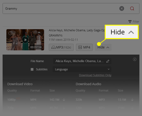 HD quality options on the More menu