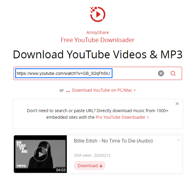 paste URL of YouTube music