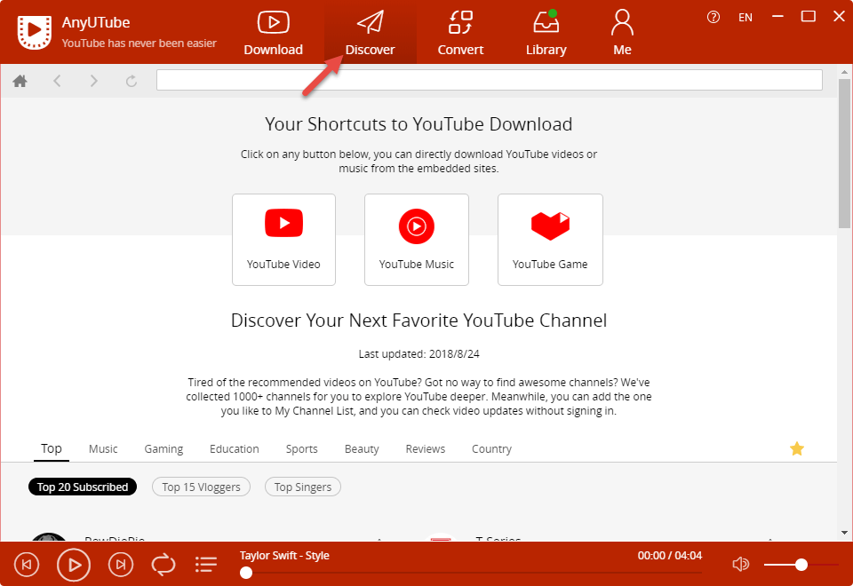 Discover section of AnyUTube