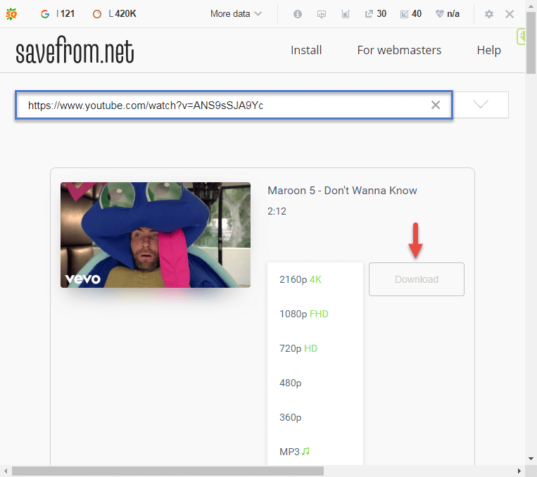 search for YouTube music on SaveFrom.net