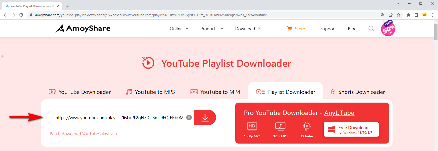 Paste the playlist URL into the search bar
