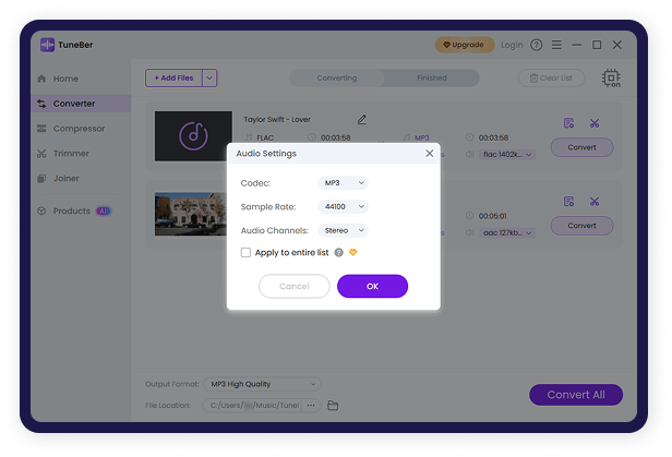 Audio conversion settings