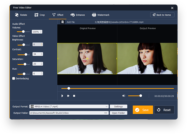 Rotate, crop, merge, clip, or add effects and watermark as you need.