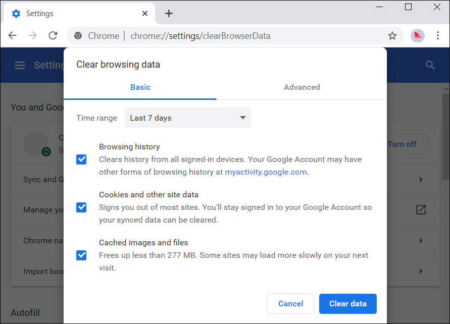 Chrome browsing data clear