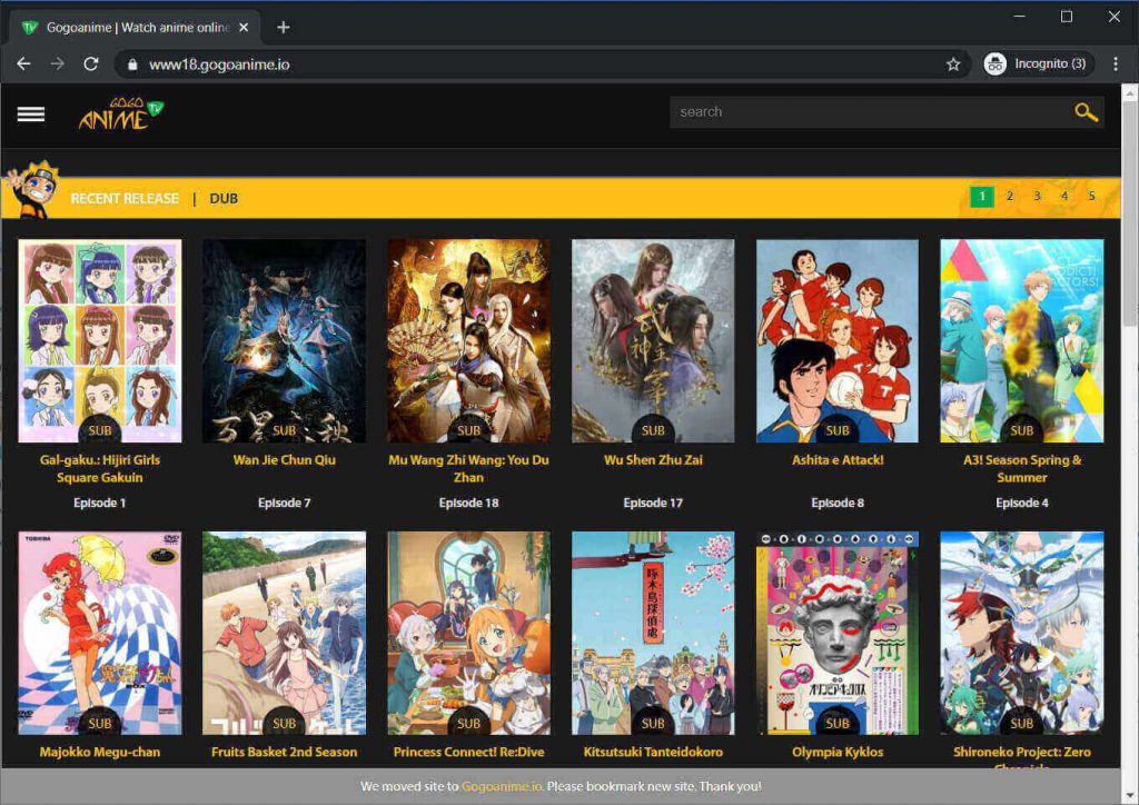 Interface du site Gogoanime