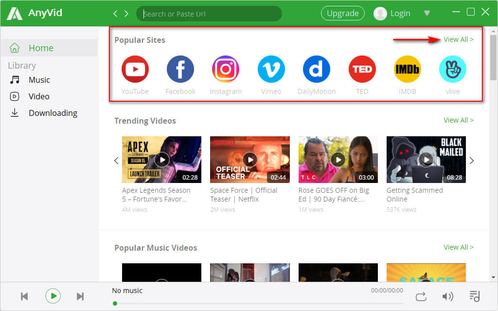 AnyVid popular sites interface