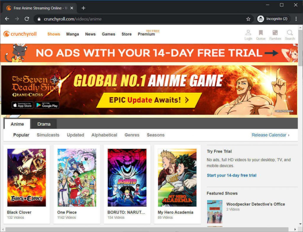 Interfaz de sitio de anime Crunchyroll