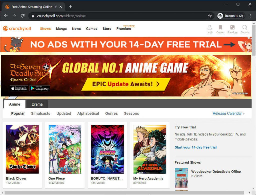 Interface do site de anime Crunchyroll