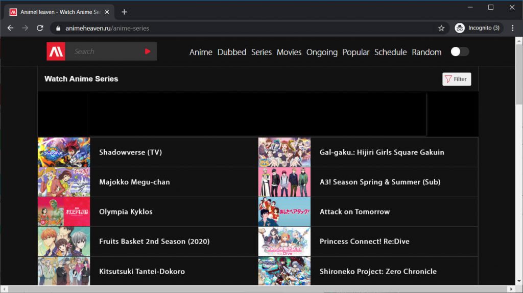 Interface do site Anime Heaven