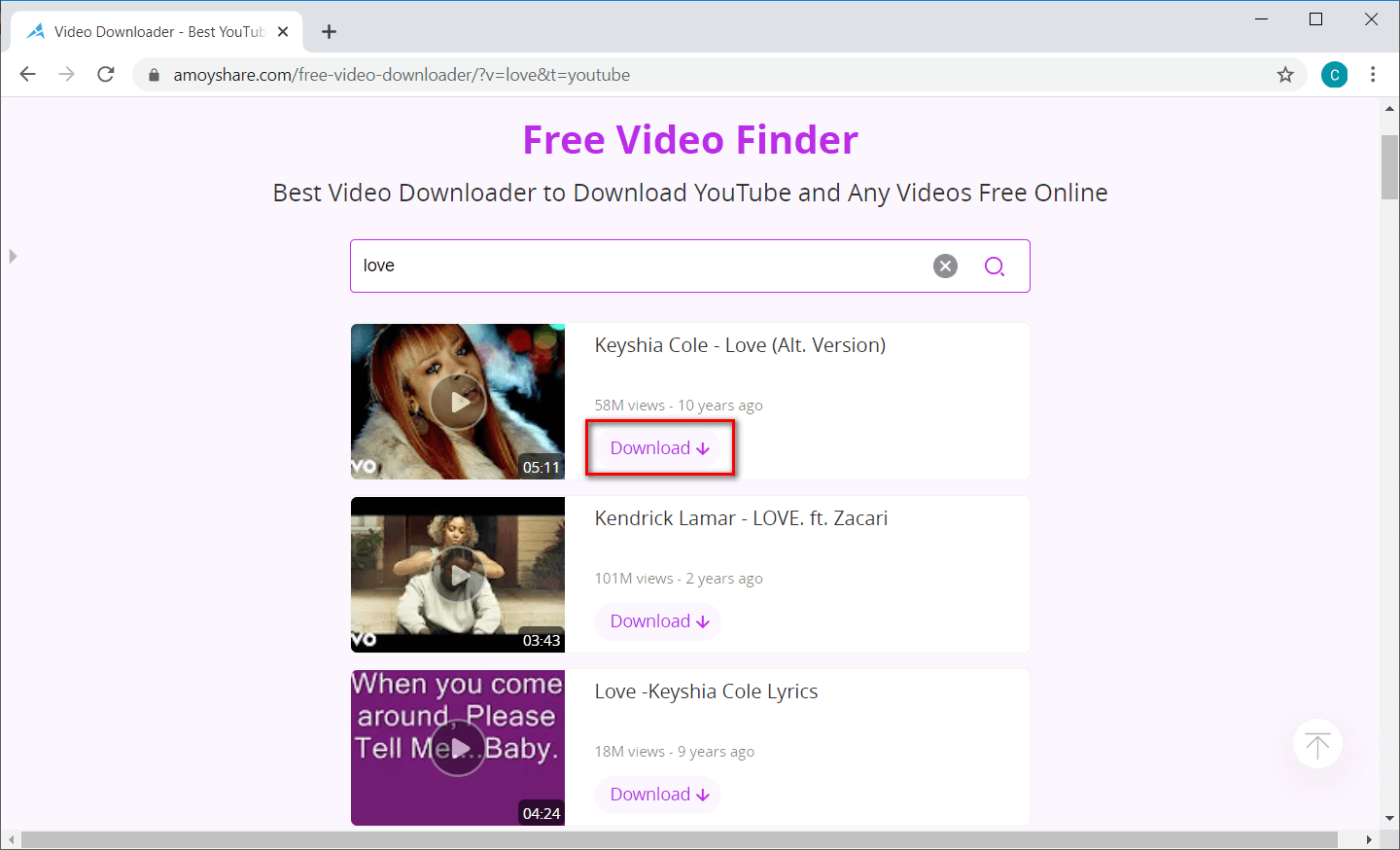 Podgląd wideo AmoyShare Free Video Finder