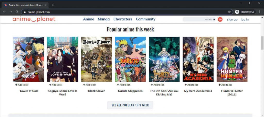 Anime Planet site interface