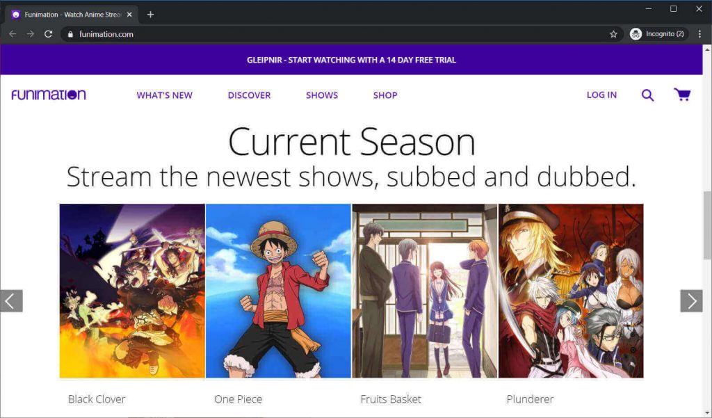 Funimation 사이트 인터페이스