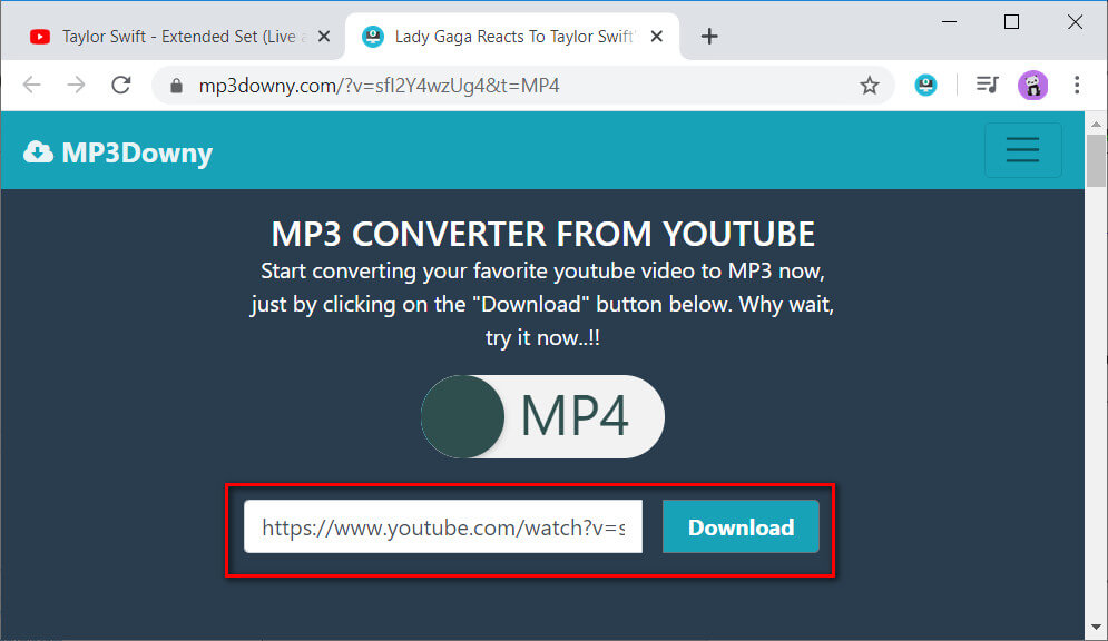 Interfaz de trabajo de extensión de YouTube Downloader