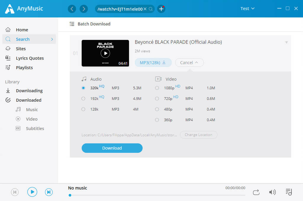 Choisissez le format et téléchargez la musique