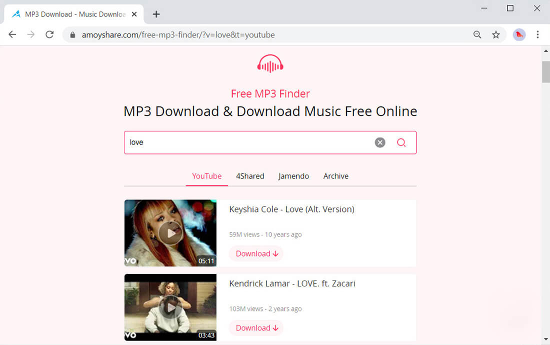 AmoyShareFree MP3 Finder recherche audio haute résolution