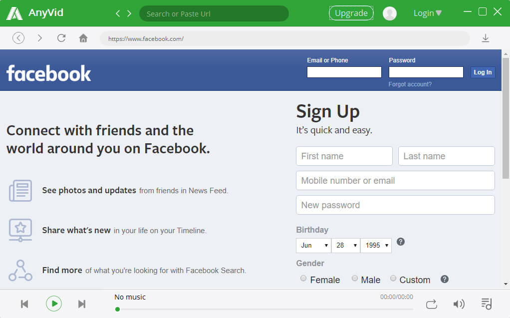 Go to Facebook via AnyVid built-in browser