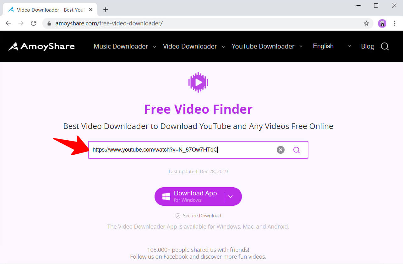 Colar link no Free Video Finder