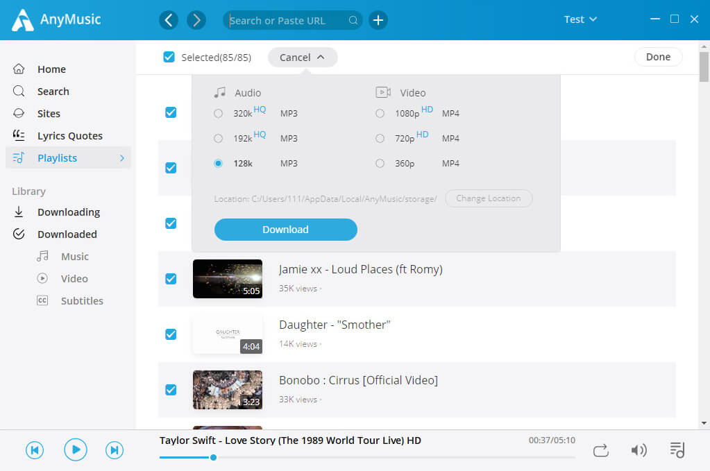 Seleziona un formato per la playlist