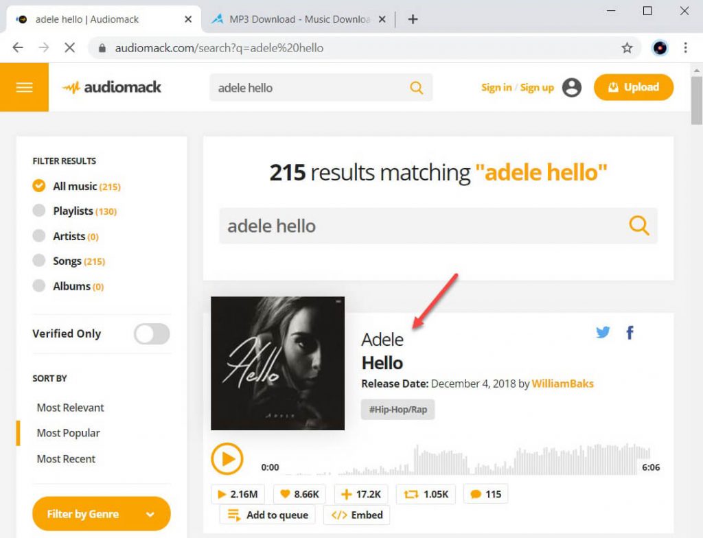 Search for music on Audiomack