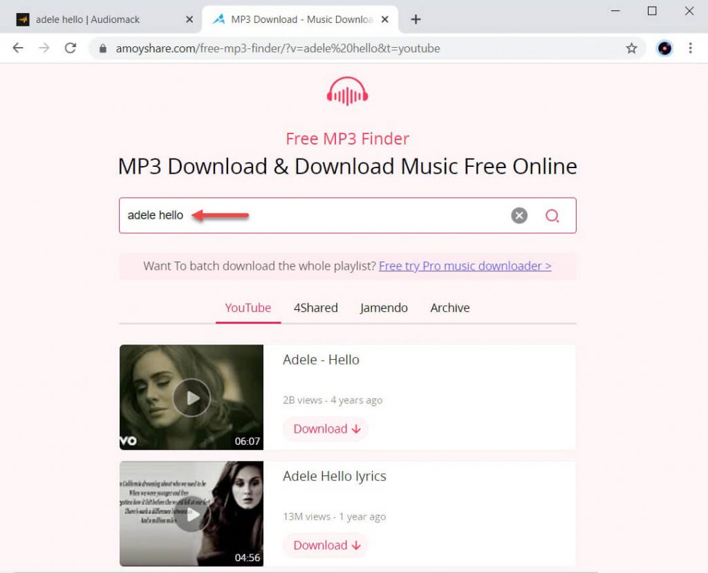 music search results on AnyMusic