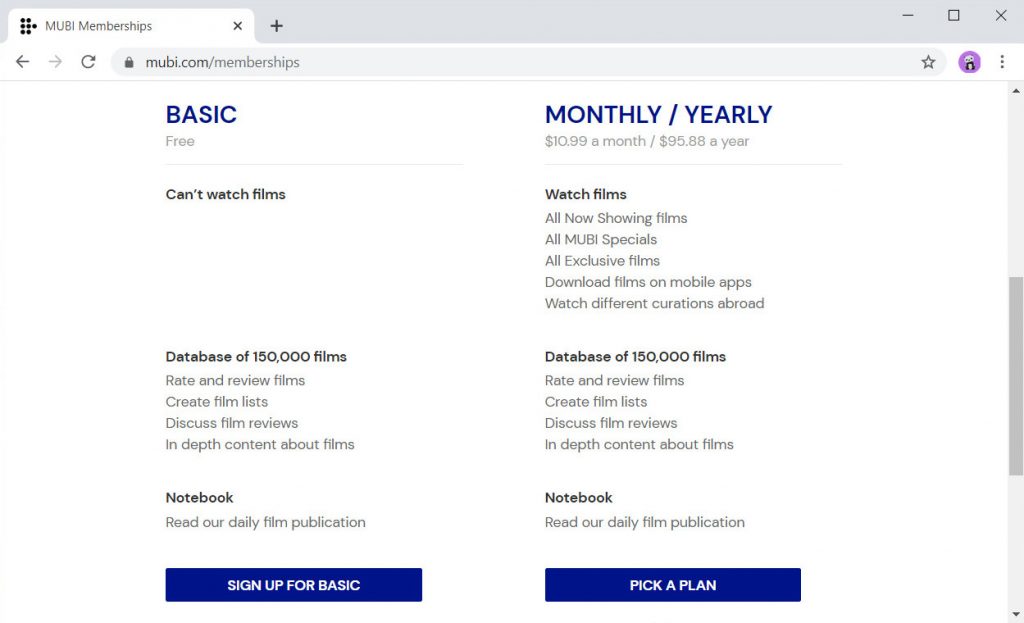 Cost of membership on Mubi