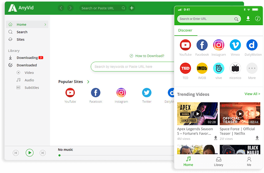 AnyVid suporta o download de vídeo no Android, Windows e Mac