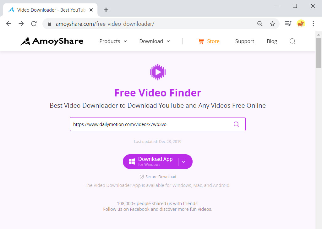 Fügen Sie die URL in die Suchleiste von Free Video Finder ein