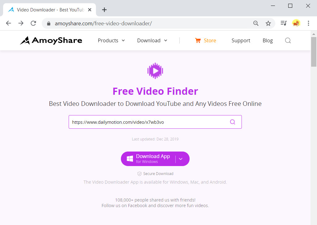 URLをFree Video Finderの検索バーに貼り付けます