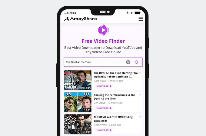 Suchen Sie mit AmoyShare Free Video Finder nach Videos auf Android