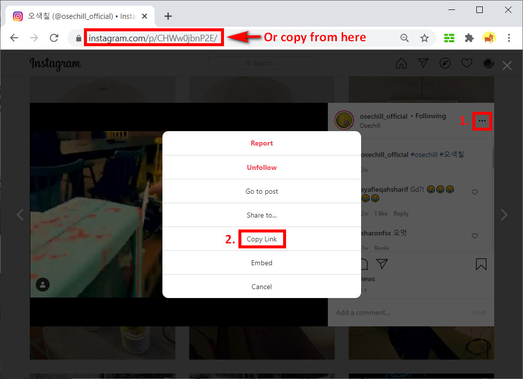 Instagram 비디오 링크 복사