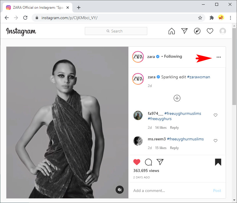 Copia l'URL dal video di Instagram