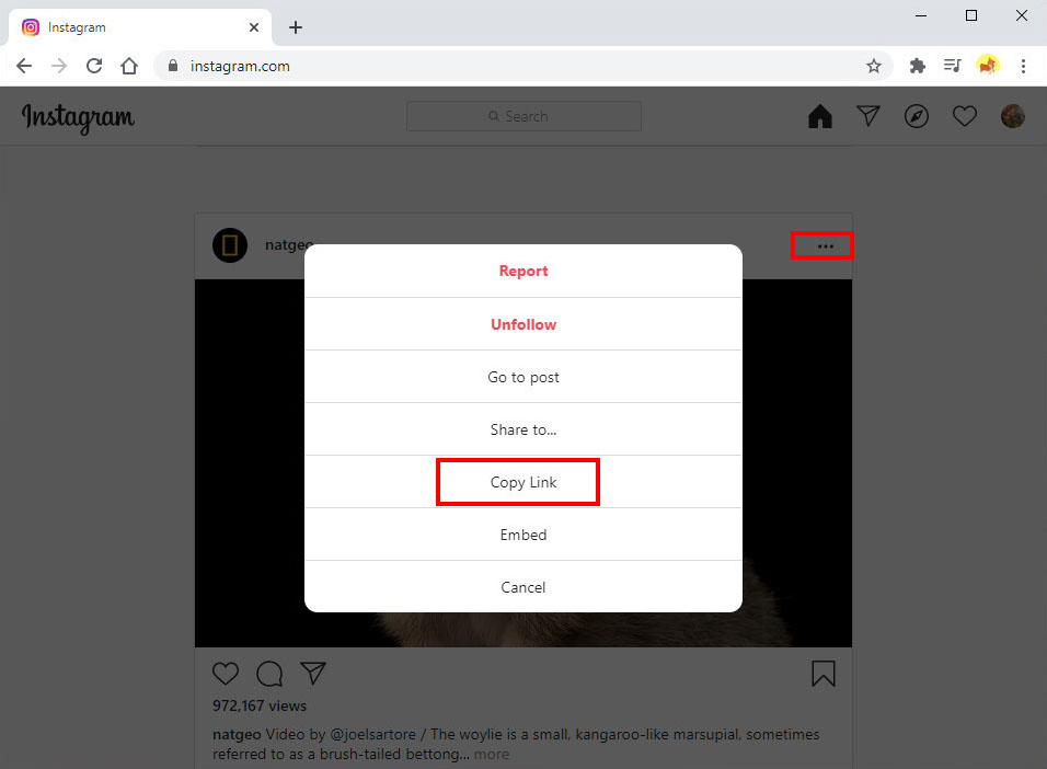 Copia l'URL di Instagram