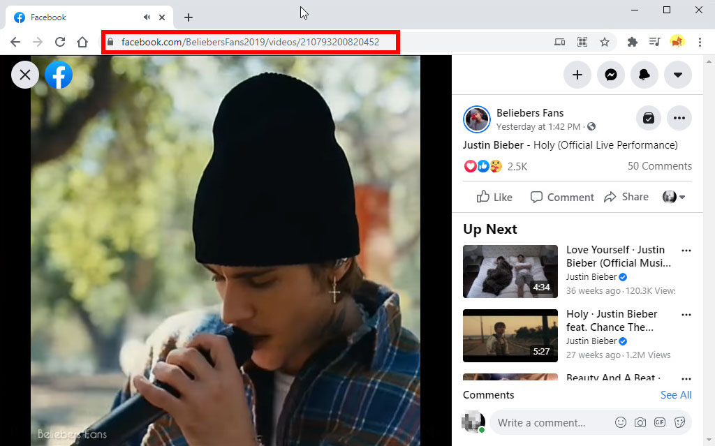 Copia l'URL del video di Facebook