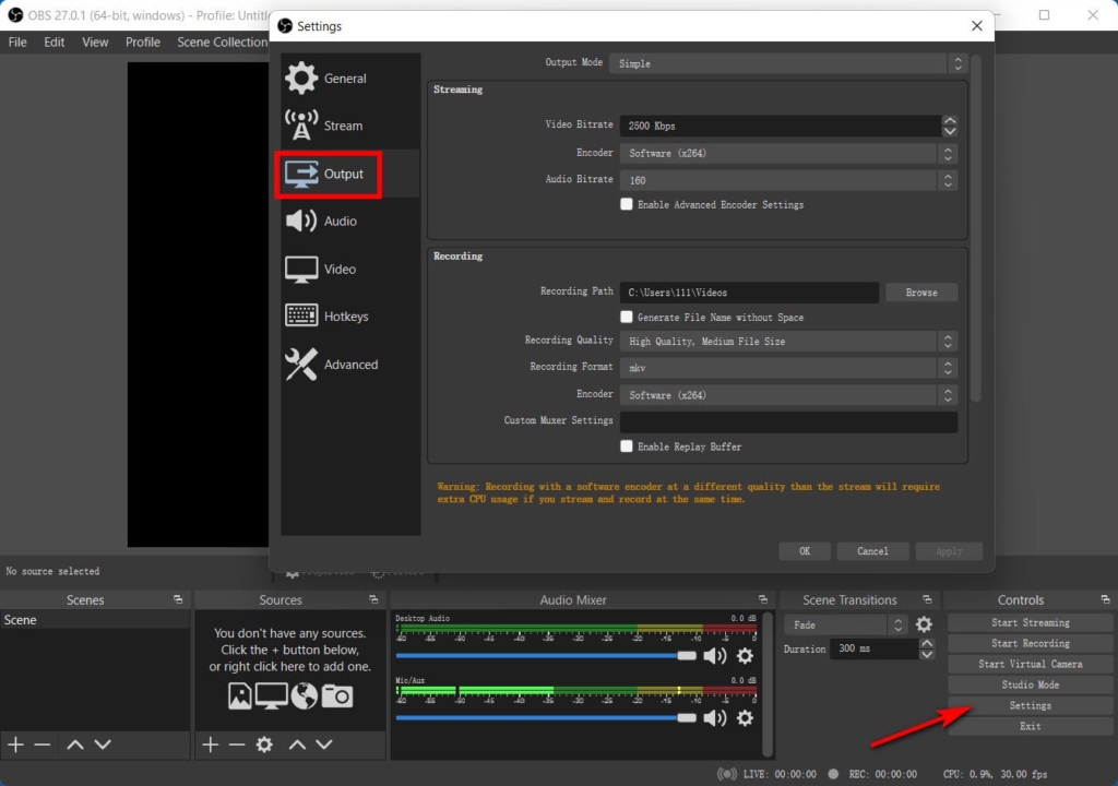 Set recording output