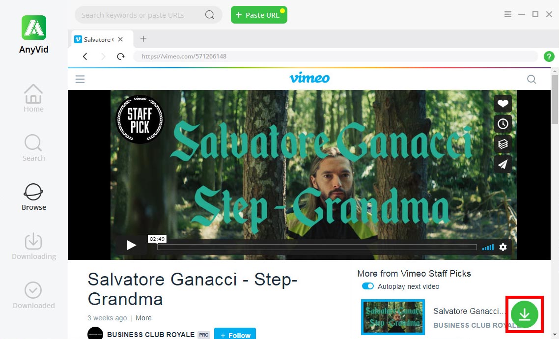 Download Vimeo video via AnyVid’s browse module