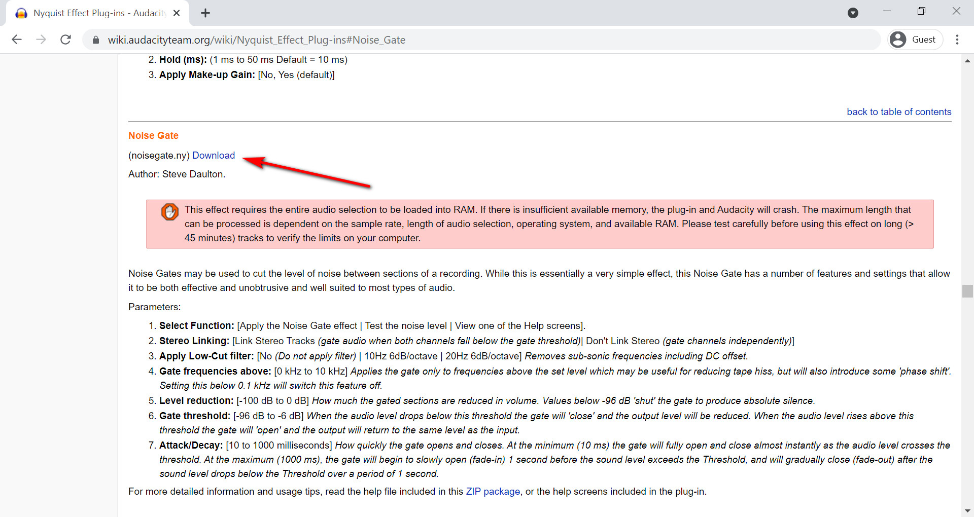 Audacity 웹사이트에서 노이즈 게이트 플러그인 다운로드
