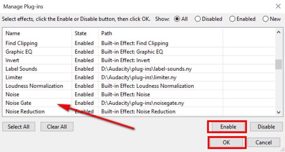 Habilite el complemento de puerta de ruido de Audacity