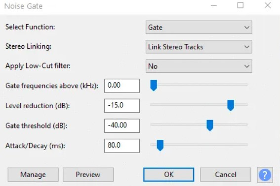 Die drei Haupteinstellungen von Noise Gate in Audacity