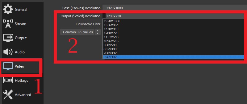 Impostazioni OBS Risoluzione video