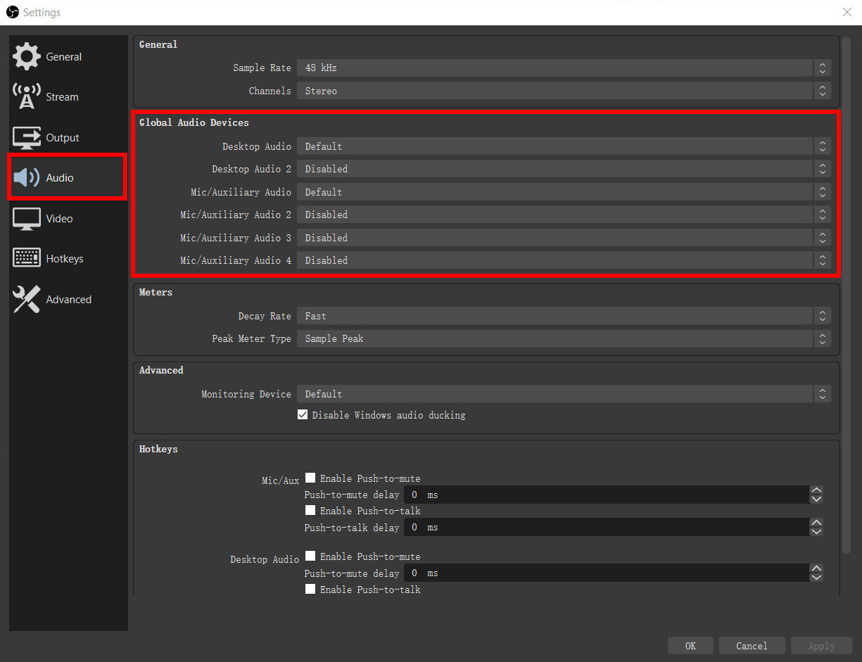 Controlla le impostazioni audio su OBS