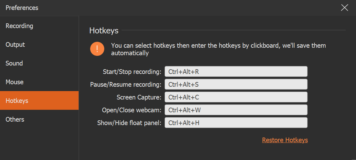 Hotkeys to control recording audio