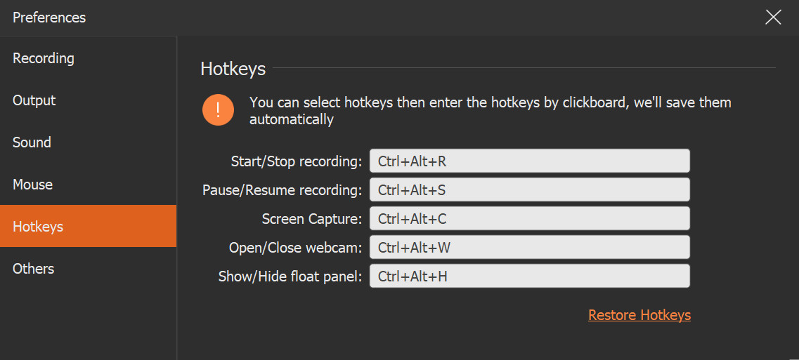 Raccourcis clavier pour contrôler l'enregistrement audio