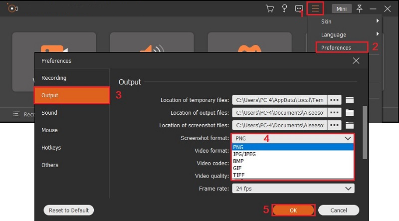 Konfigurieren Sie das Screenshot-Format