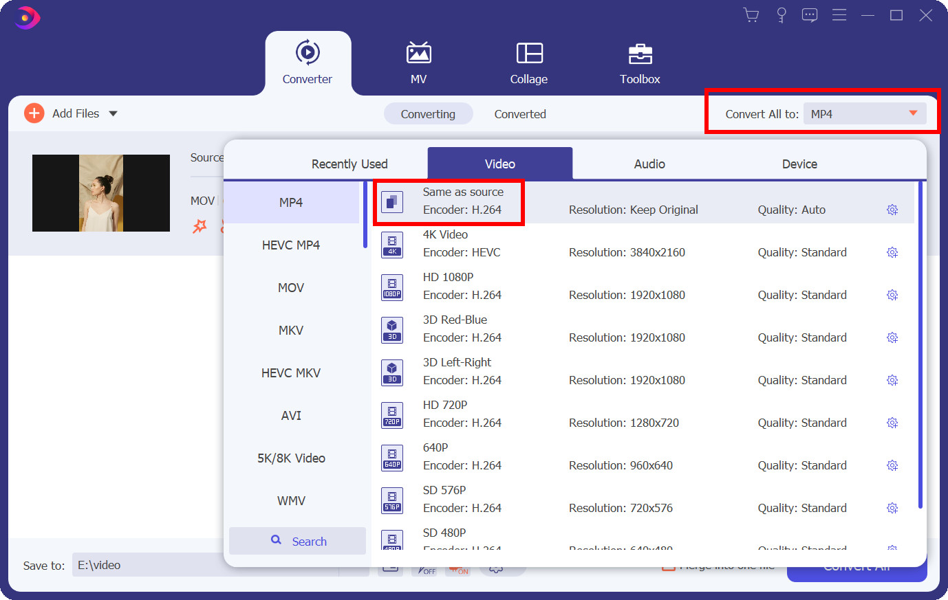 Set MP4 as the output format