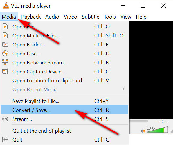 Inicie o VLC e selecione Converter Salvar