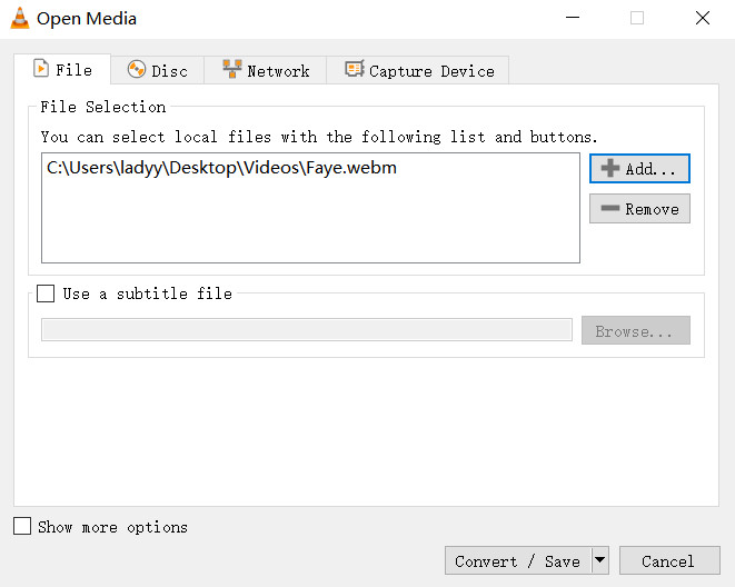Agregue el archivo WebM a VLC