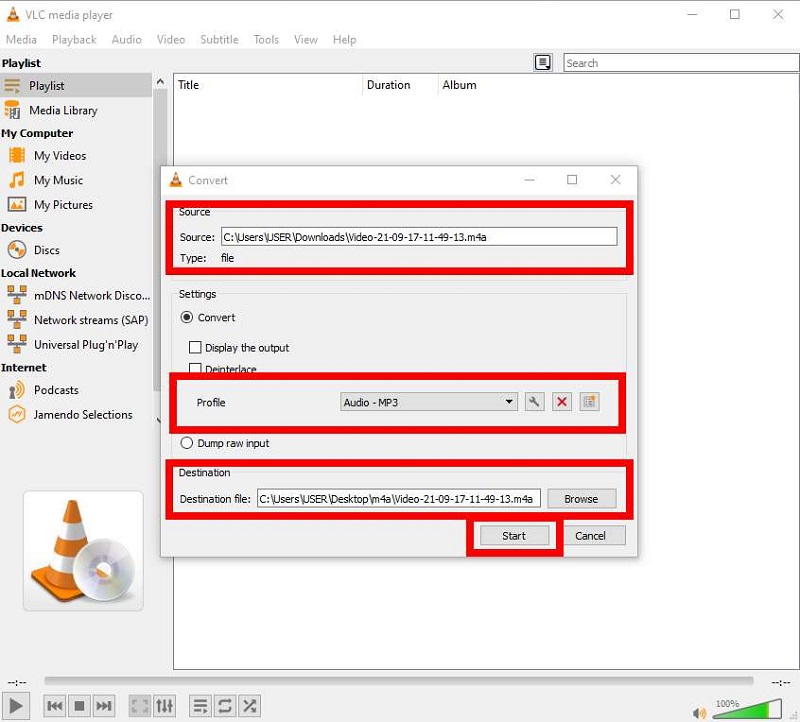 Start converting M4A to MP3 on VLC